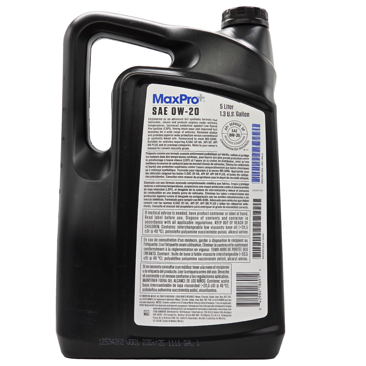 Bidón de aceite original Mopar 0W20 full sintético 5 litros para Jeep Dodge RAM - PROPARTS